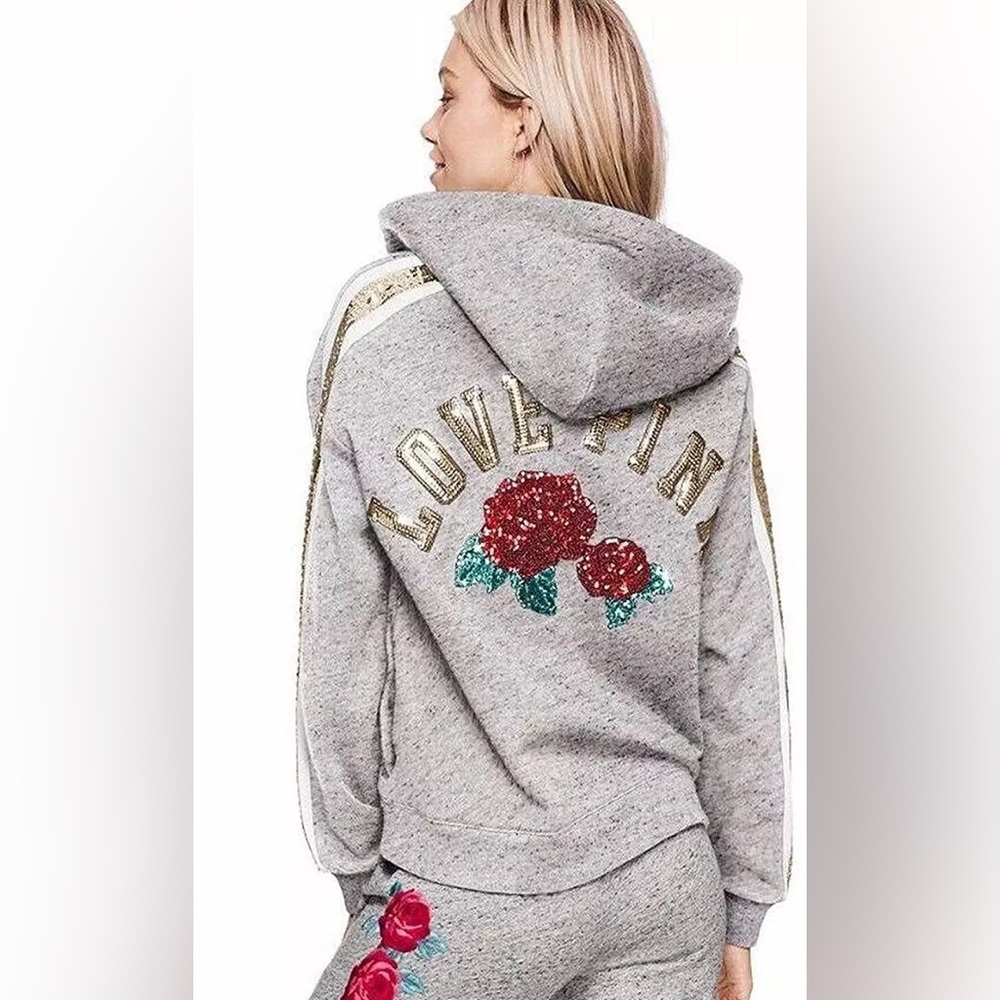 PINK | Victoria's Secret Bling Hoodie Gray Rose Floral Sweatshirt - Large L